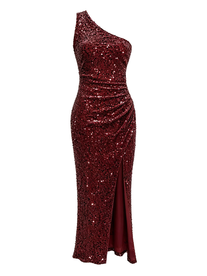 Solid Color Sequined Ruched One Shoulder Slit Maxi Party Dress