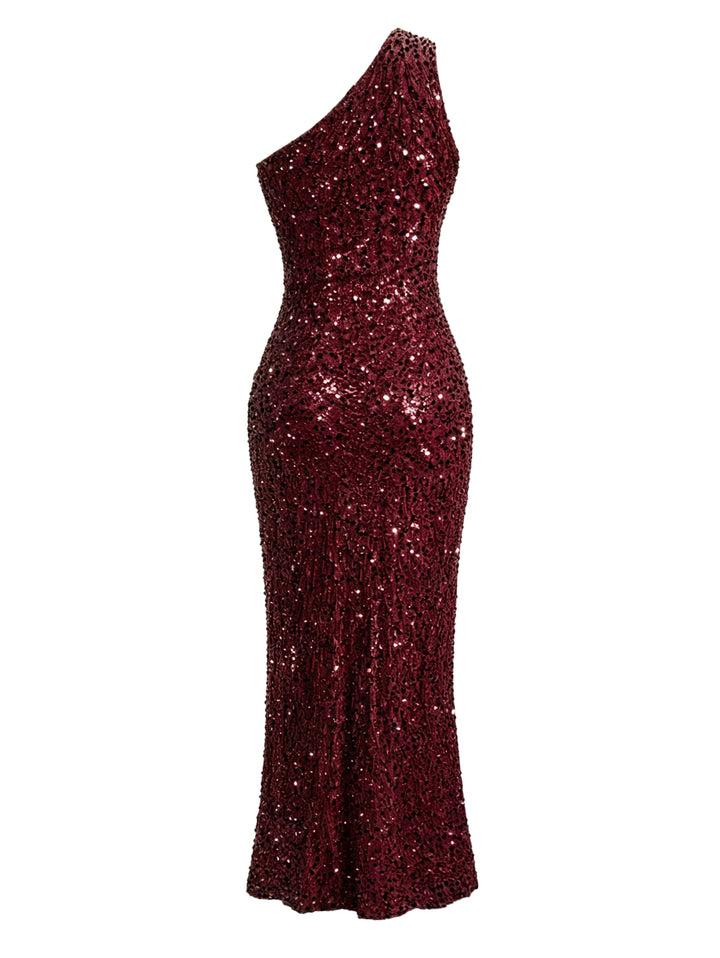 Solid Color Sequined Ruched One Shoulder Slit Maxi Party Dress