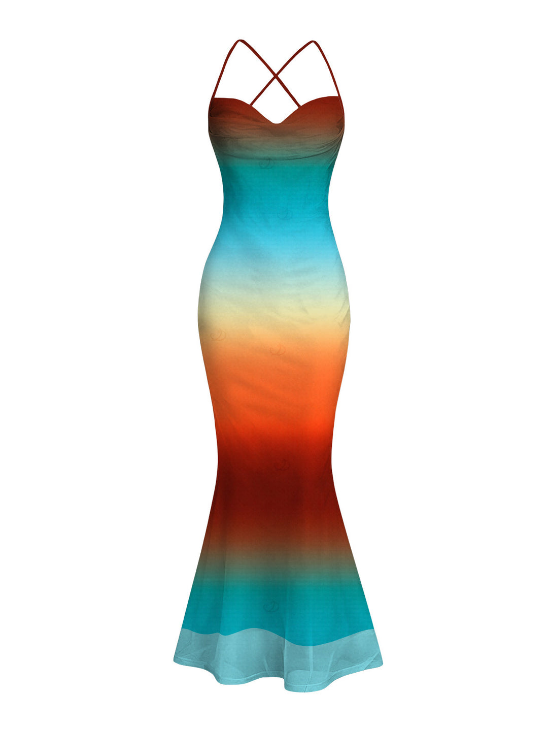 Ombre Rainbow Color Draped Bodycon Mesh Mermaid Vacation Dress