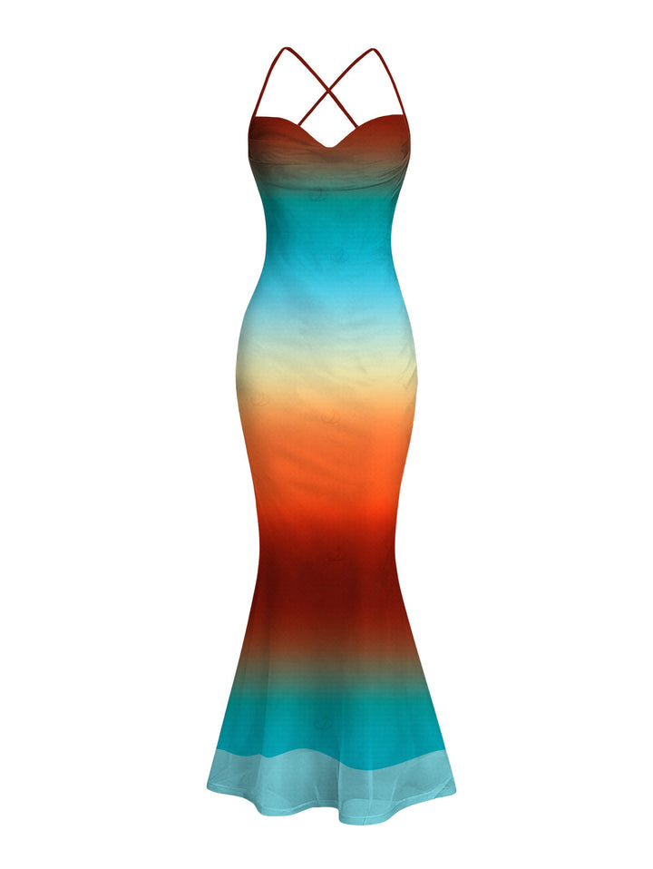 Ombre Rainbow Color Draped Bodycon Mesh Mermaid Vacation Dress
