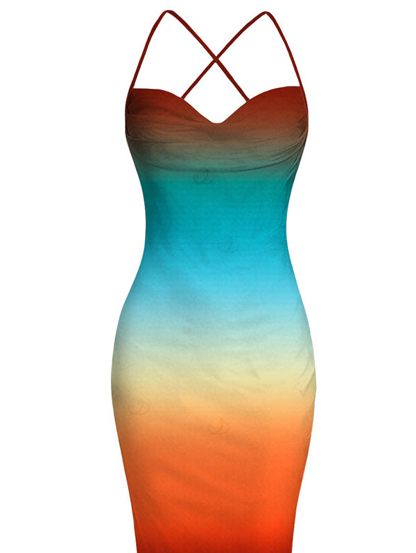 Ombre Rainbow Color Draped Bodycon Mesh Mermaid Vacation Dress