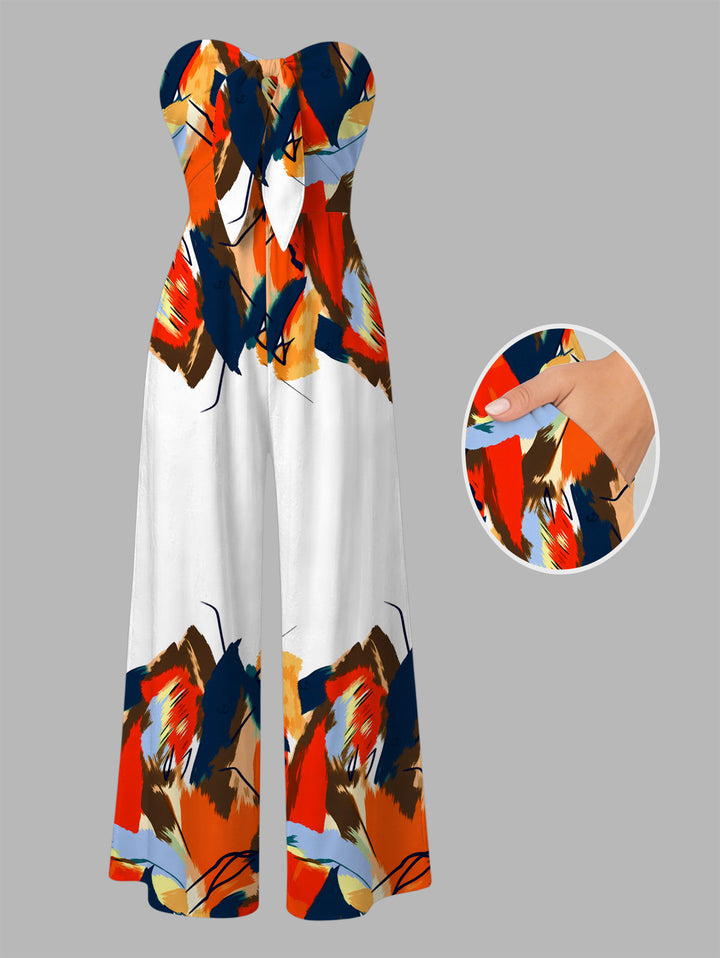 Abstract Colorblock Oil Painting Leaf Print Bowknot Pocket Off the Shoulder Vacation Jumpsuit