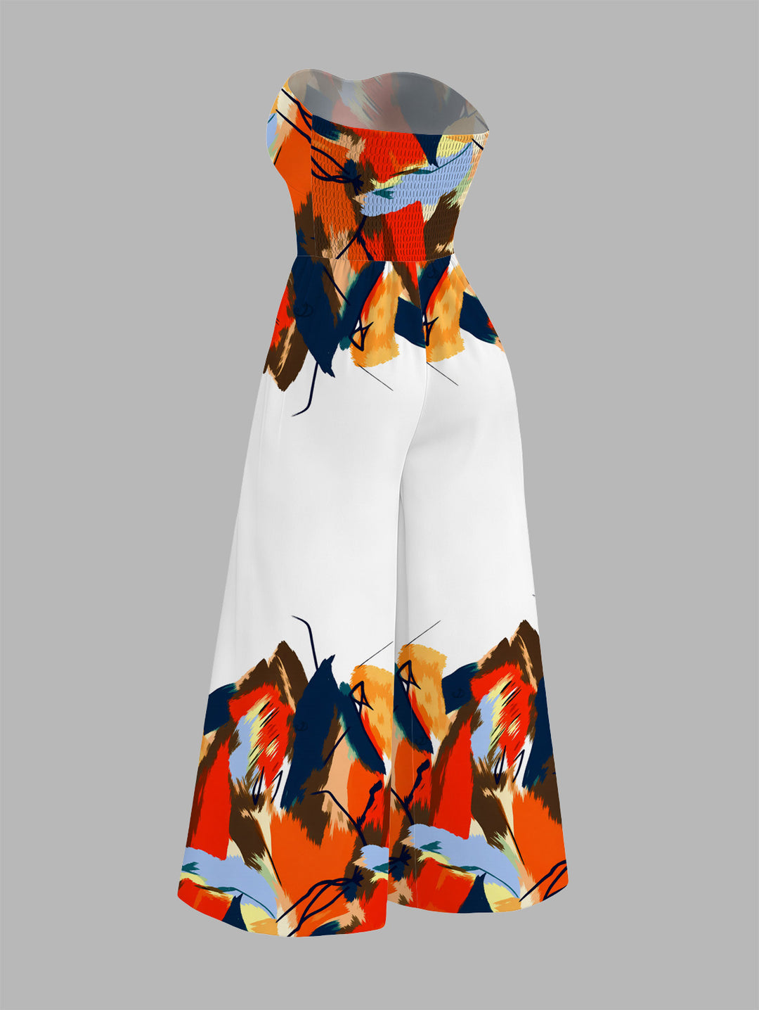 Abstract Colorblock Oil Painting Leaf Print Bowknot Pocket Off the Shoulder Vacation Jumpsuit