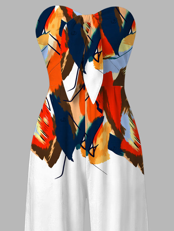 Abstract Colorblock Oil Painting Leaf Print Bowknot Pocket Off the Shoulder Vacation Jumpsuit