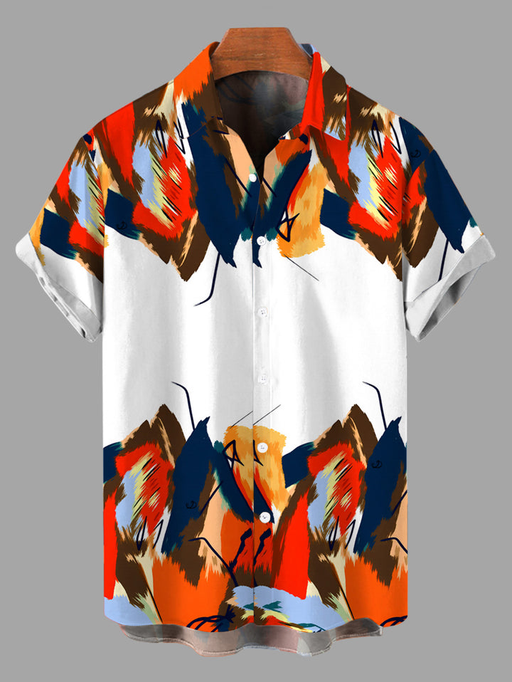 Men's Abstract Colorblock Oil Painting Leaf Print Button Up Vacation Shirt