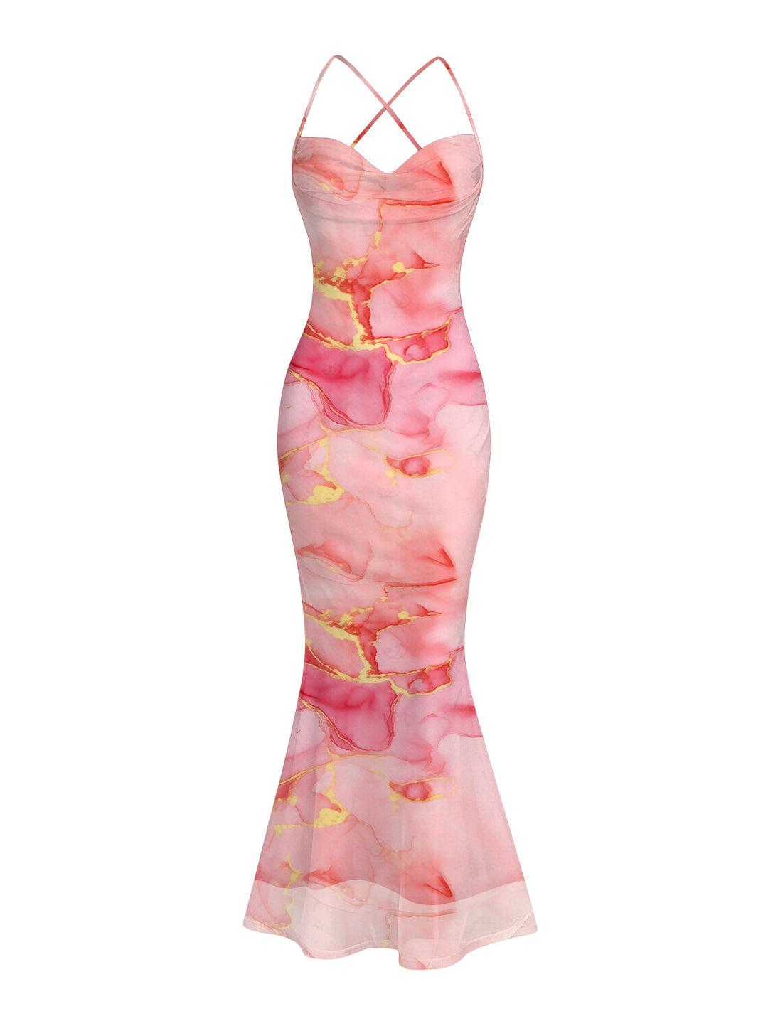 Gilded Tie Dye Marble Print Draped Mesh Open Back Bodycon Mermaid Vacation Dress