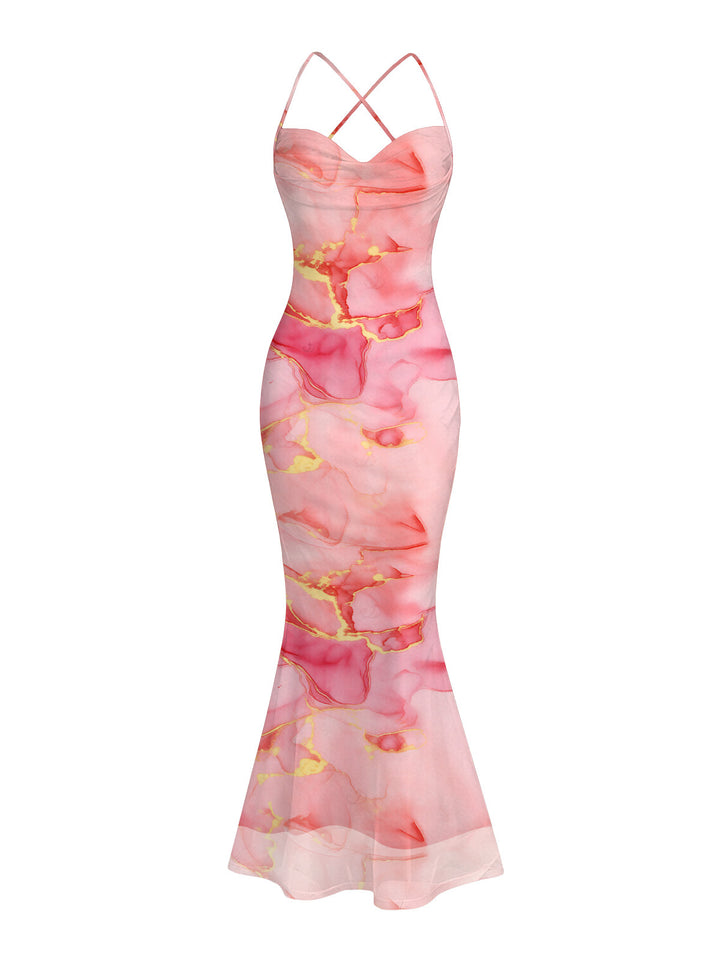 Gilded Tie Dye Marble Print Draped Mesh Open Back Bodycon Mermaid Vacation Dress