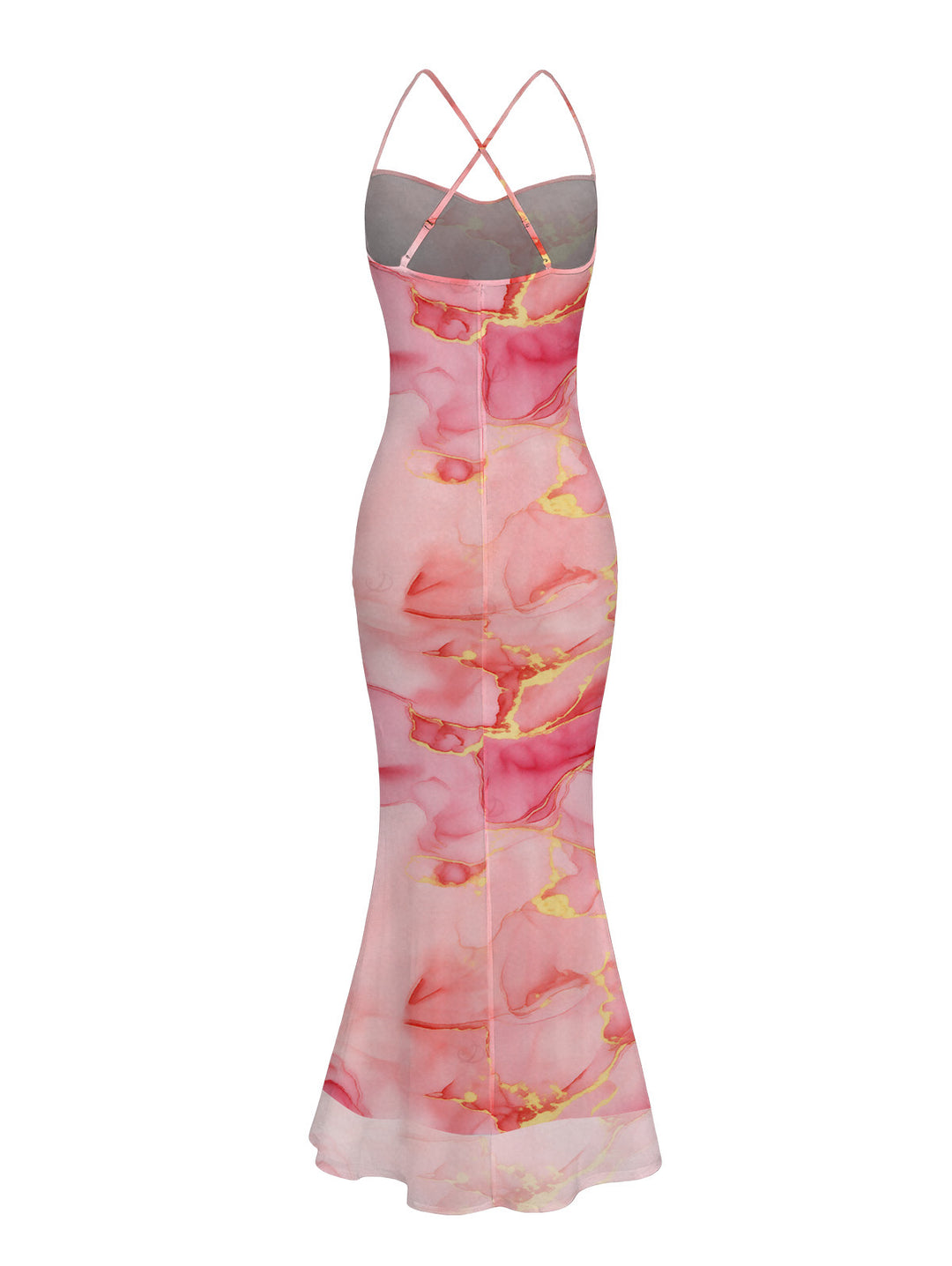 Gilded Tie Dye Marble Print Draped Mesh Open Back Bodycon Mermaid Vacation Dress