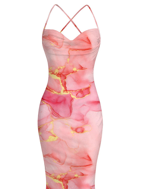 Gilded Tie Dye Marble Print Draped Mesh Open Back Bodycon Mermaid Vacation Dress