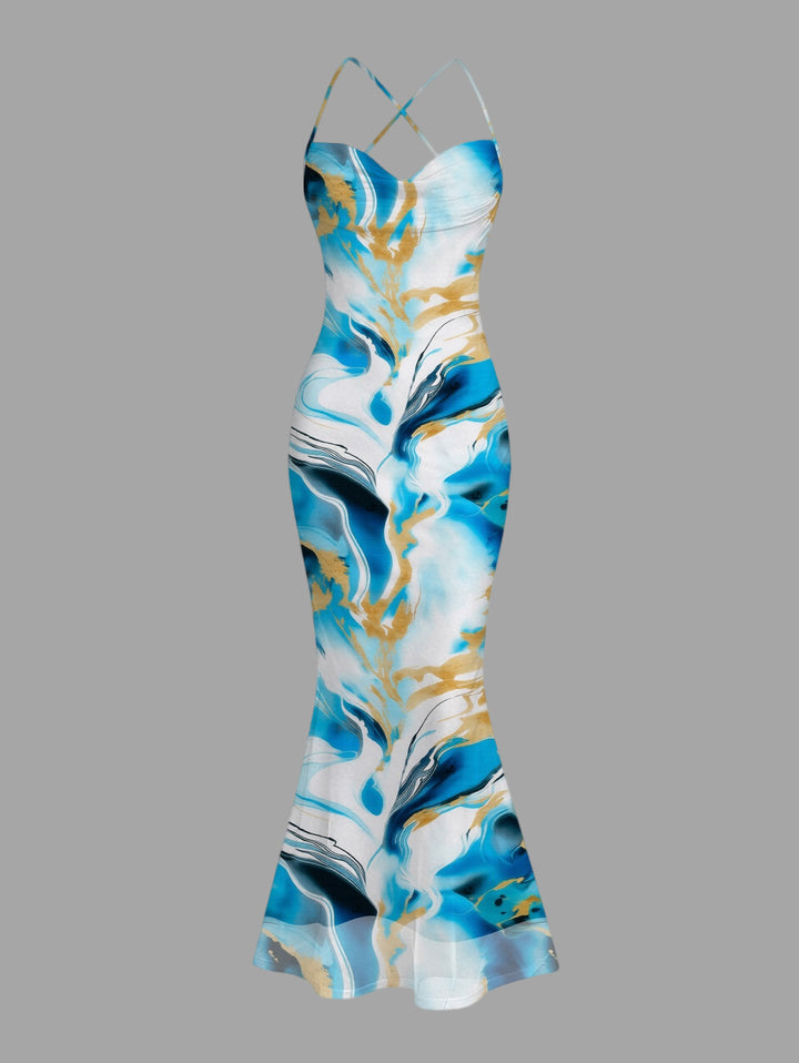 Gilded Tie Dye Marble Print Draped Mesh Open Back Bodycon Mermaid Vacation Dress