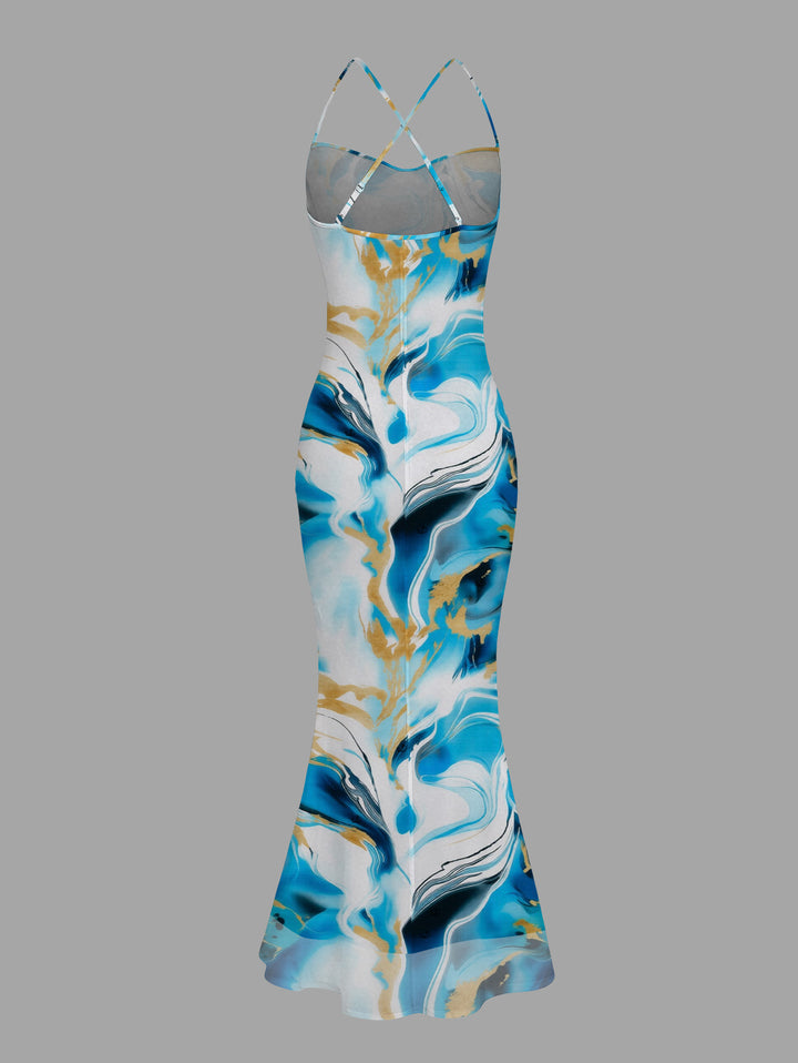 Gilded Tie Dye Marble Print Draped Mesh Open Back Bodycon Mermaid Vacation Dress
