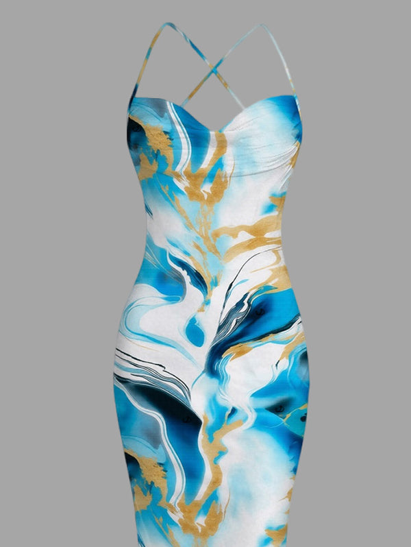 Gilded Tie Dye Marble Print Draped Mesh Open Back Bodycon Mermaid Vacation Dress