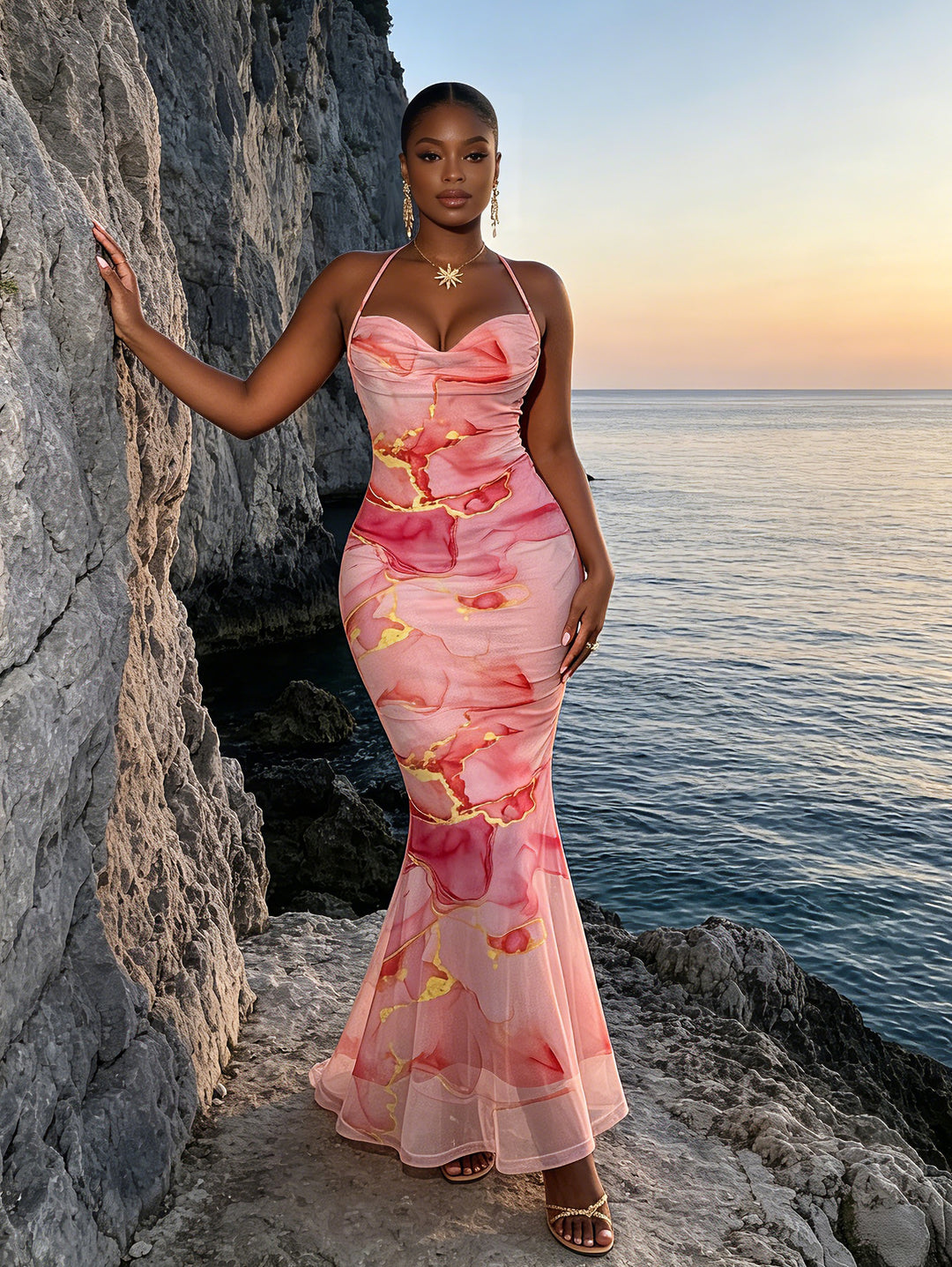 Gilded Tie Dye Marble Print Draped Mesh Open Back Bodycon Mermaid Vacation Dress