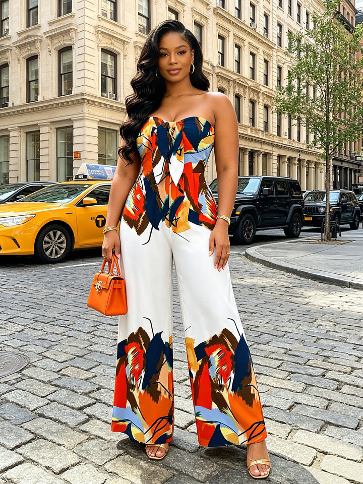 Abstract Colorblock Oil Painting Leaf Print Bowknot Pocket Off the Shoulder Vacation Jumpsuit