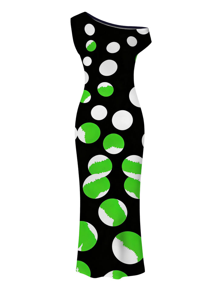 Colorblock Polka Dots Print Ruched One Shoulder Bodycon Maxi Vacation Dress