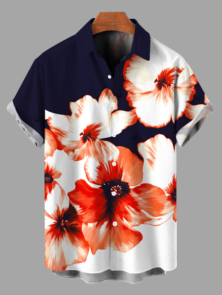 Men's Contrast Color Watercolor Flower Print Button Up Hawaiian Vacation Shirt