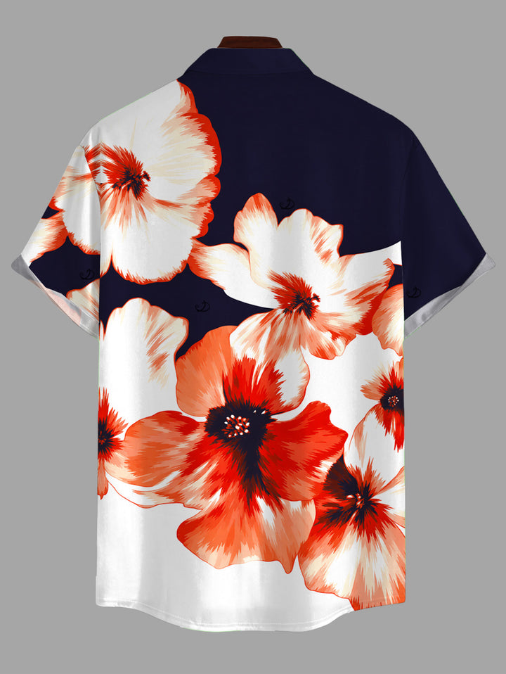Men's Contrast Color Watercolor Flower Print Button Up Hawaiian Vacation Shirt