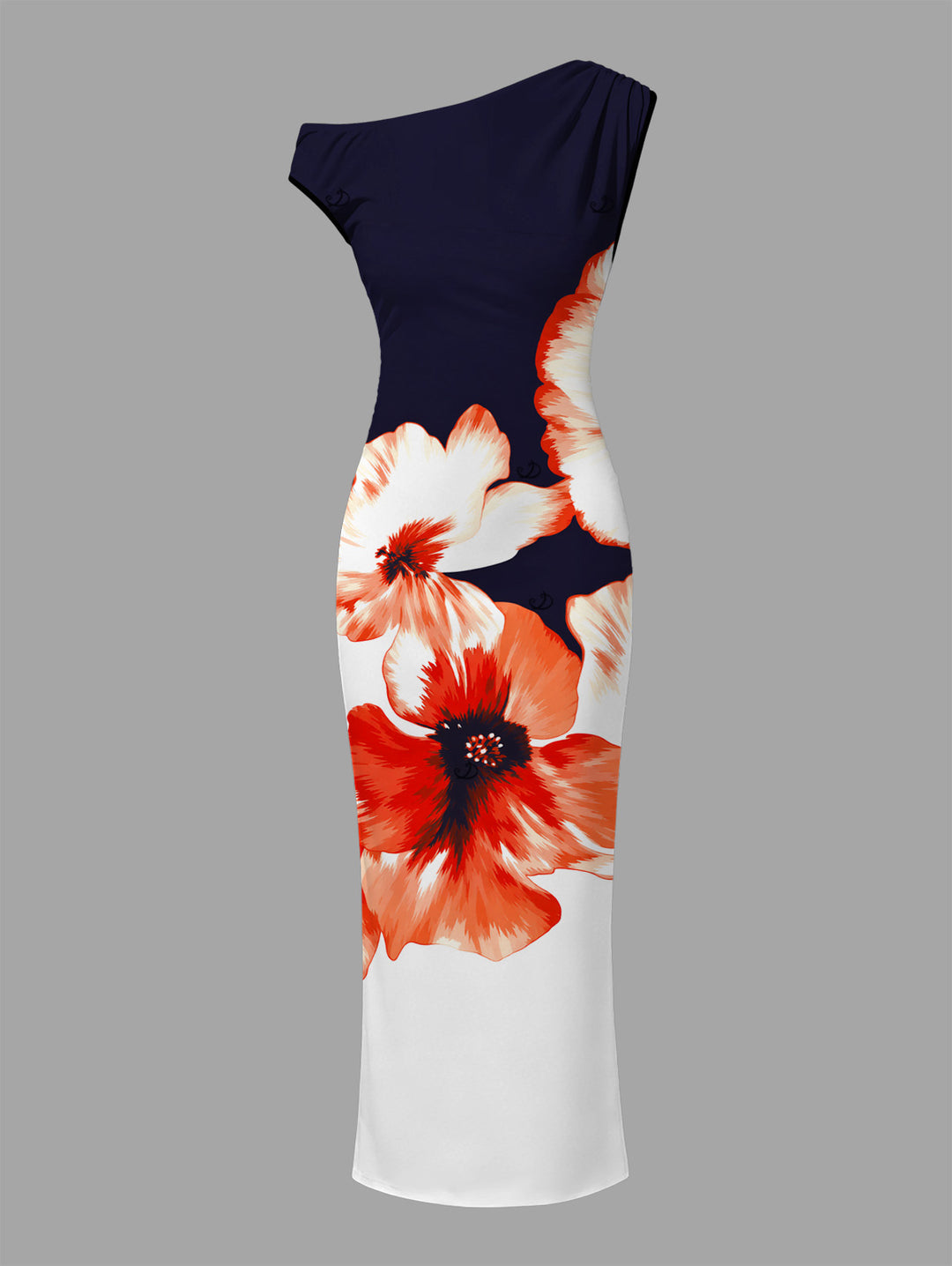 Contrast Color Watercolor Flower Print Ruched One Shoulder Bodycon Maxi Hawaiian Vacation