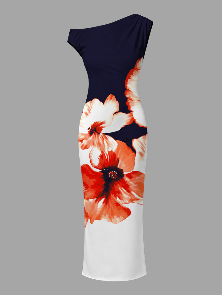 Contrast Color Watercolor Flower Print Ruched One Shoulder Bodycon Maxi Hawaiian Vacation