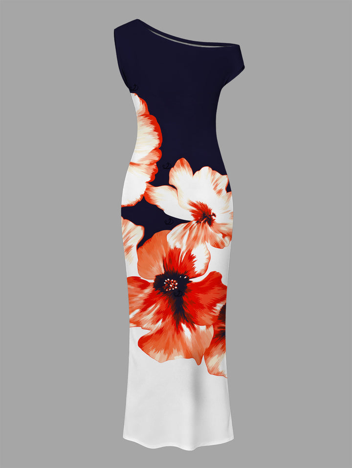Contrast Color Watercolor Flower Print Ruched One Shoulder Bodycon Maxi Hawaiian Vacation