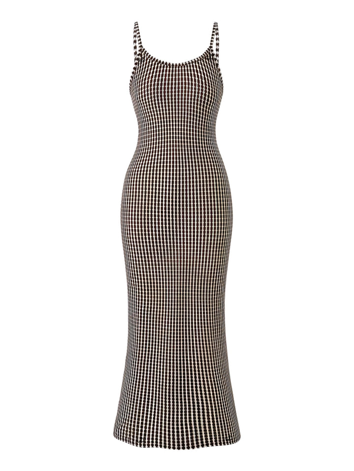 Fine Check Print Spaghetti Strap Maxi Bodycon Textured Vintage Dress