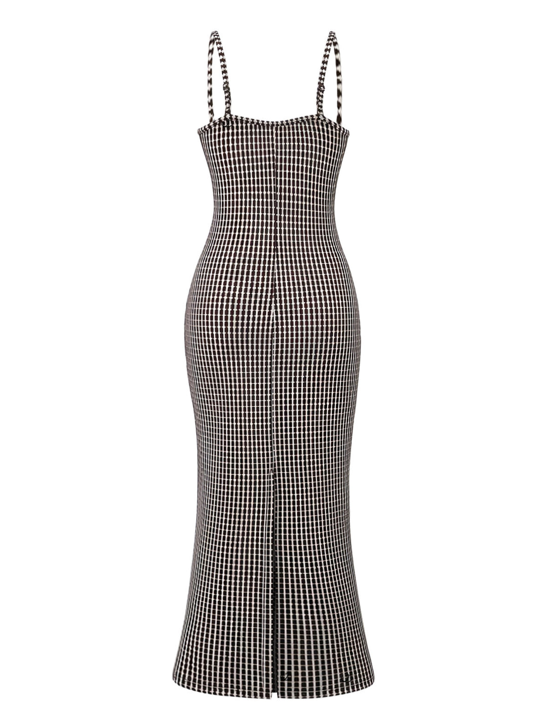 Fine Check Print Spaghetti Strap Maxi Bodycon Textured Vintage Dress