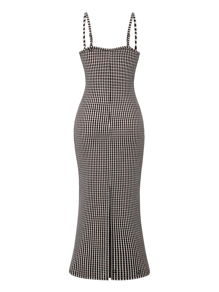 Fine Check Print Spaghetti Strap Maxi Bodycon Textured Vintage Dress