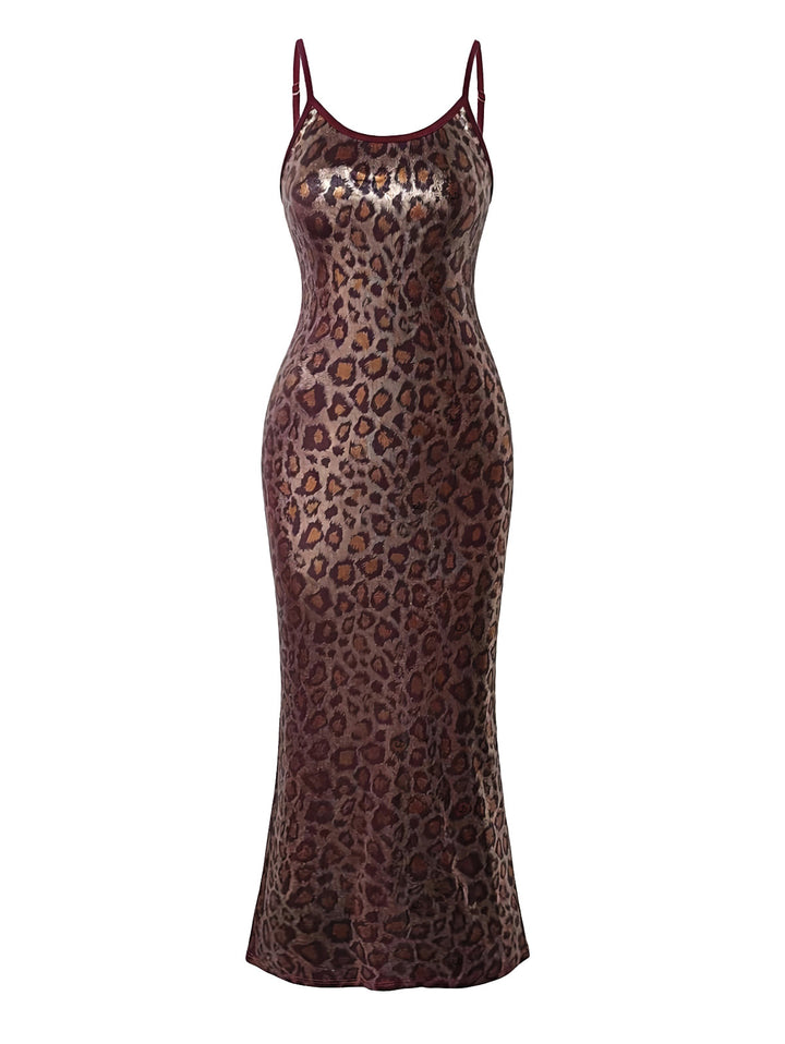 Leopard Print Spaghetti Strap Maxi Bodydon Vintage Vacation Dress