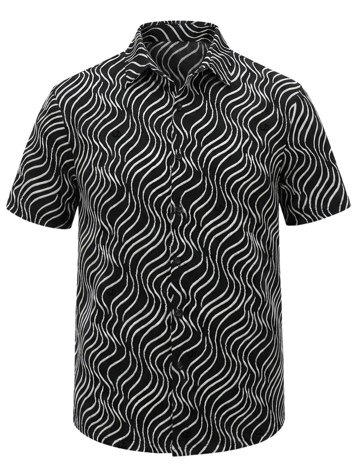 Men's Monochrome Wave Striped Print Button Up Vintage Shirt