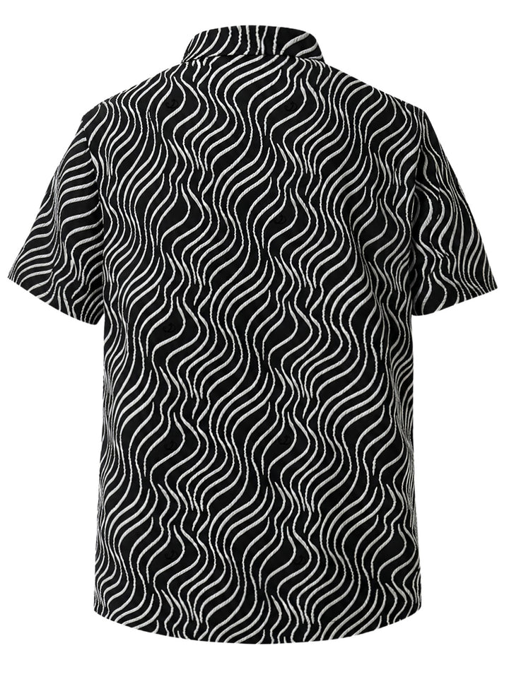 Men's Monochrome Wave Striped Print Button Up Vintage Shirt