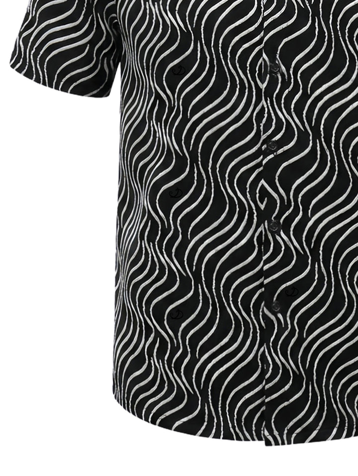 Men's Monochrome Wave Striped Print Button Up Vintage Shirt