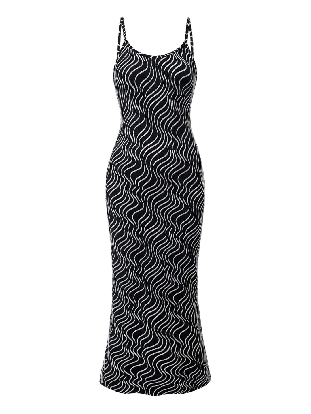 Monochrome Wave Striped Print Spaghetti Strap Bodycon Maxi Vintage Dress