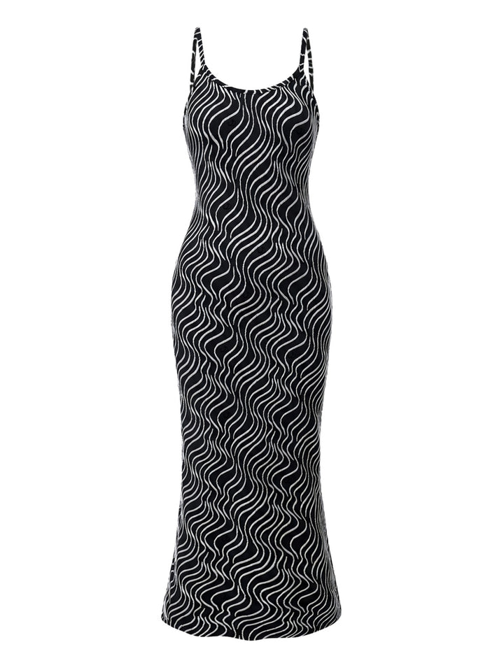Monochrome Wave Striped Print Spaghetti Strap Bodycon Maxi Vintage Dress