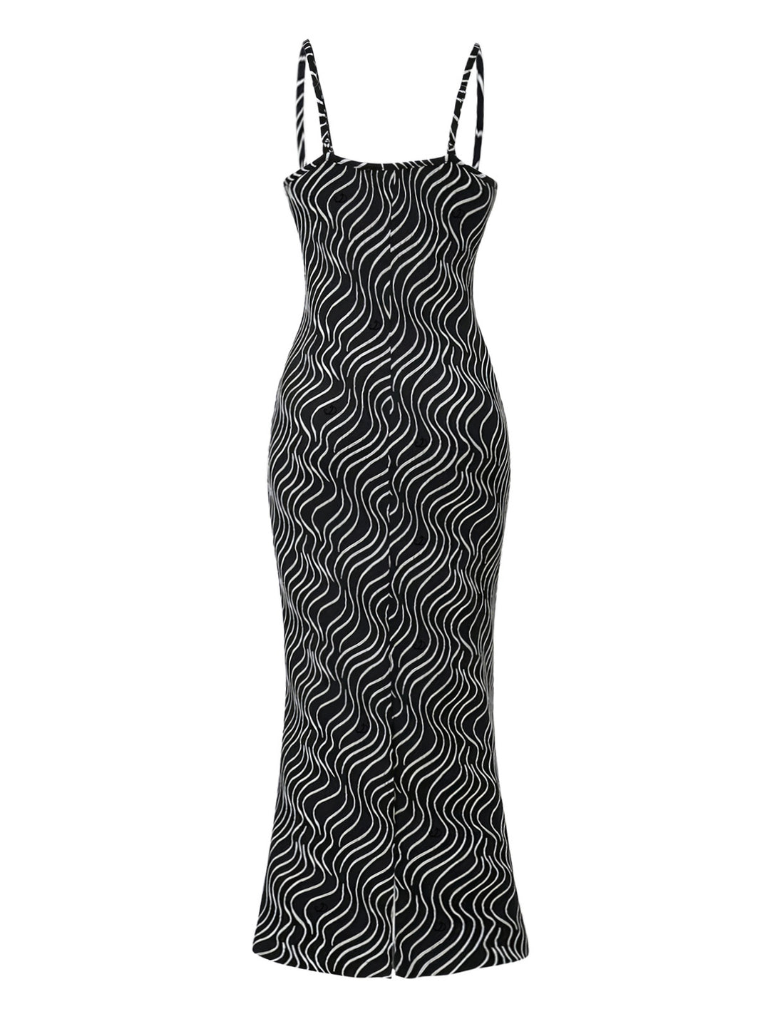 Monochrome Wave Striped Print Spaghetti Strap Bodycon Maxi Vintage Dress