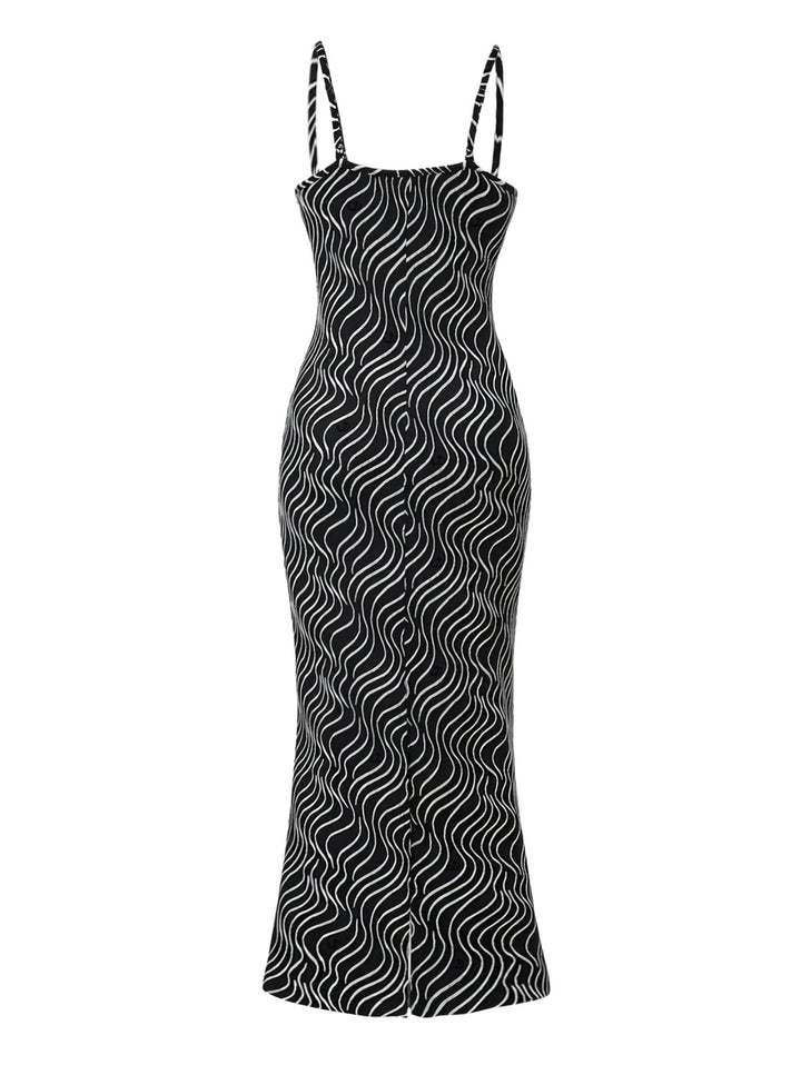 Monochrome Wave Striped Print Spaghetti Strap Bodycon Maxi Vintage Dress