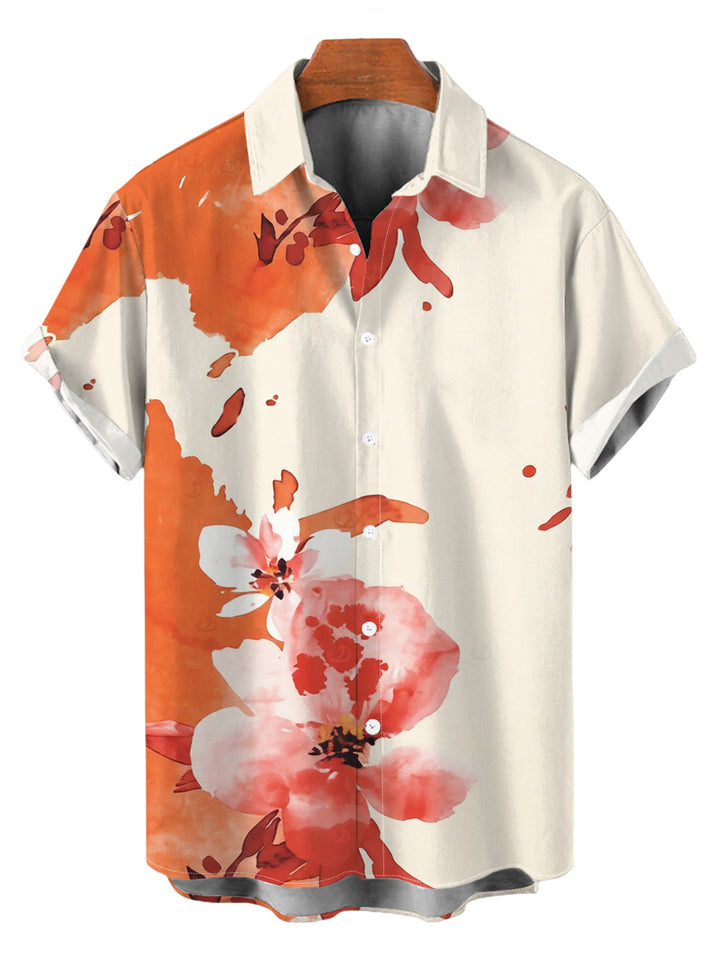 Men's Ink Painting Flower Print Button Up Vacation Shirt