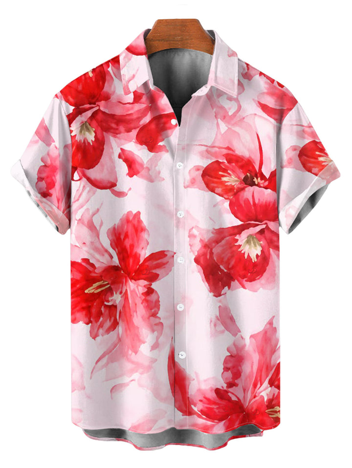 Men's Watercolor Tie Dye Rose Floral Print Button Up Vacation Shirt