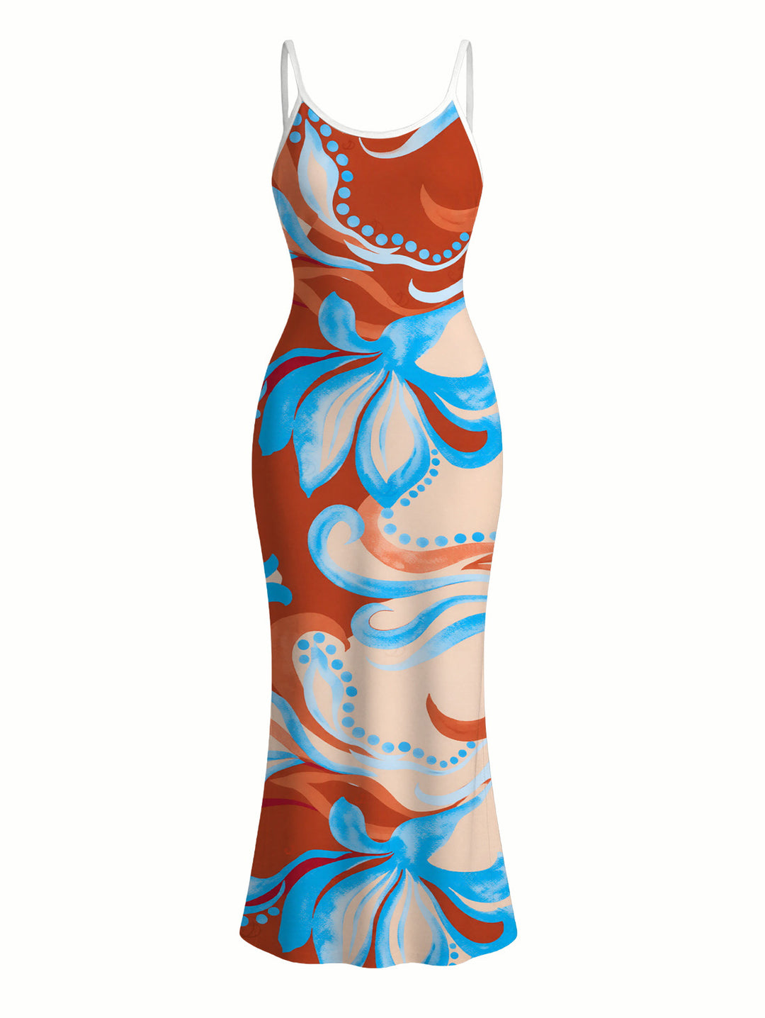 Colorblock Tropical Abstract Flower Print Spaghetti Strap Maxi Bodycon Beach Vacation Dress