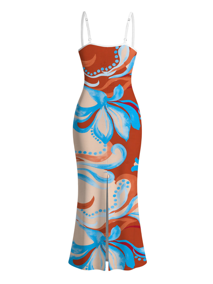 Colorblock Tropical Abstract Flower Print Spaghetti Strap Maxi Bodycon Beach Vacation Dress