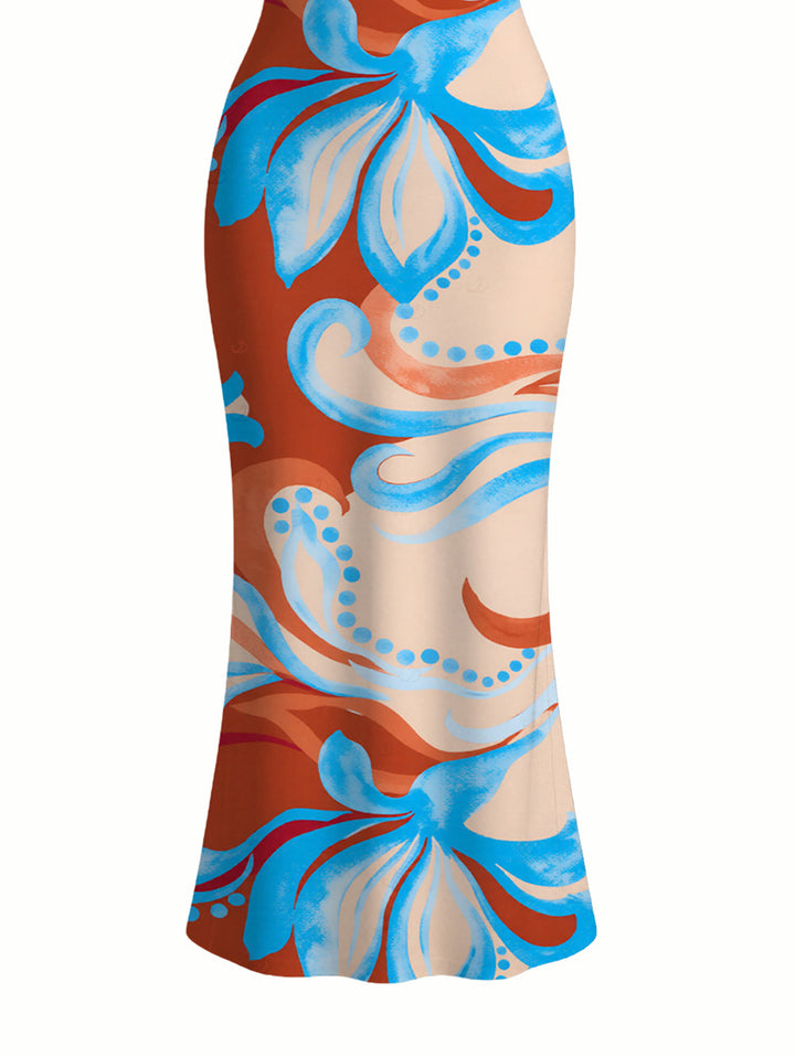 Colorblock Tropical Abstract Flower Print Spaghetti Strap Maxi Bodycon Beach Vacation Dress