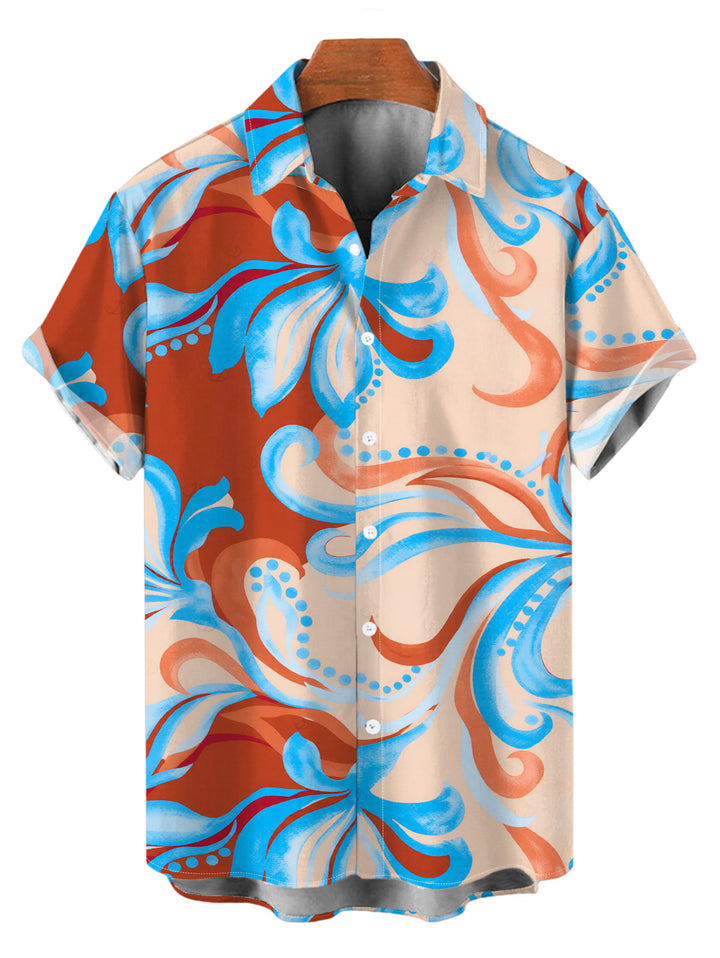 Men's Colorblock Tropical Abstract Flower Print Button Up Beach Vacation Shirt