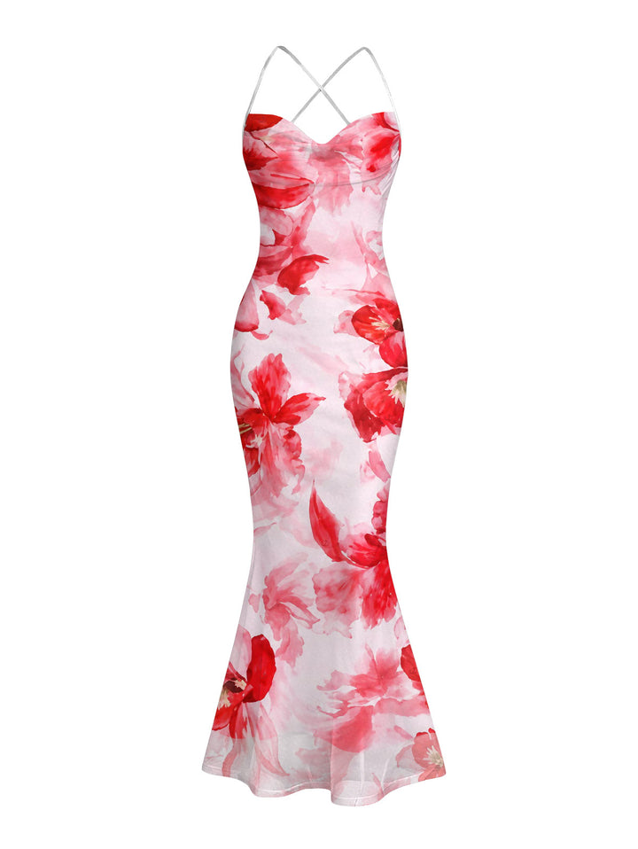 Watercolor Tie Dye Rose Floral Print Crisscross Mesh Bodycon Mermaid Maxi Vacation Dress