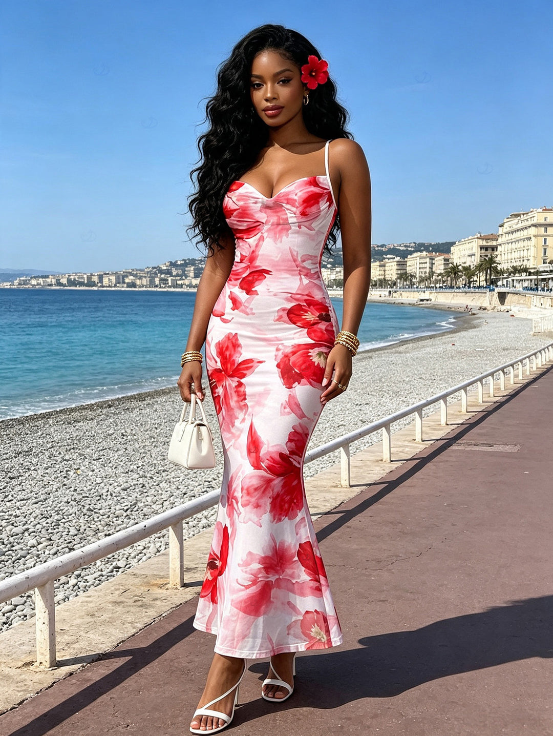Watercolor Tie Dye Rose Floral Print Crisscross Mesh Bodycon Mermaid Maxi Vacation Dress