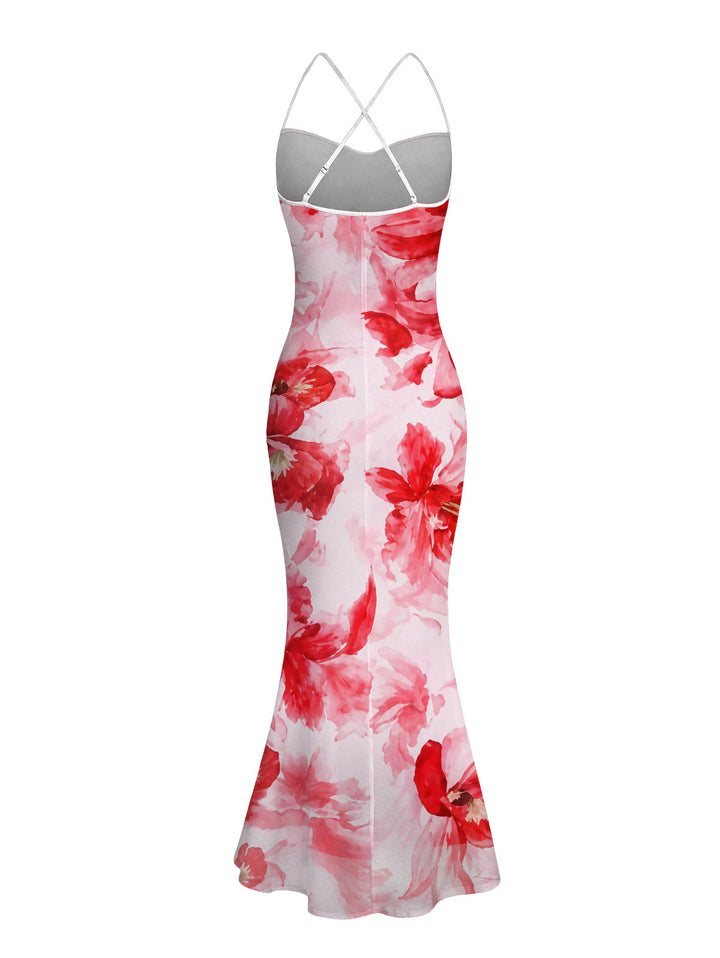 Watercolor Tie Dye Rose Floral Print Crisscross Mesh Bodycon Mermaid Maxi Vacation Dress