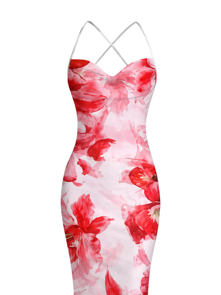 Watercolor Tie Dye Rose Floral Print Crisscross Mesh Bodycon Mermaid Maxi Vacation Dress