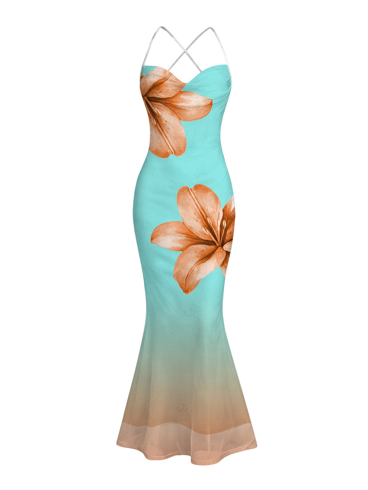 Lily Floral Print Ombre Crisscross Mesh Bodycon Mermaid Maxi Vacation Dress