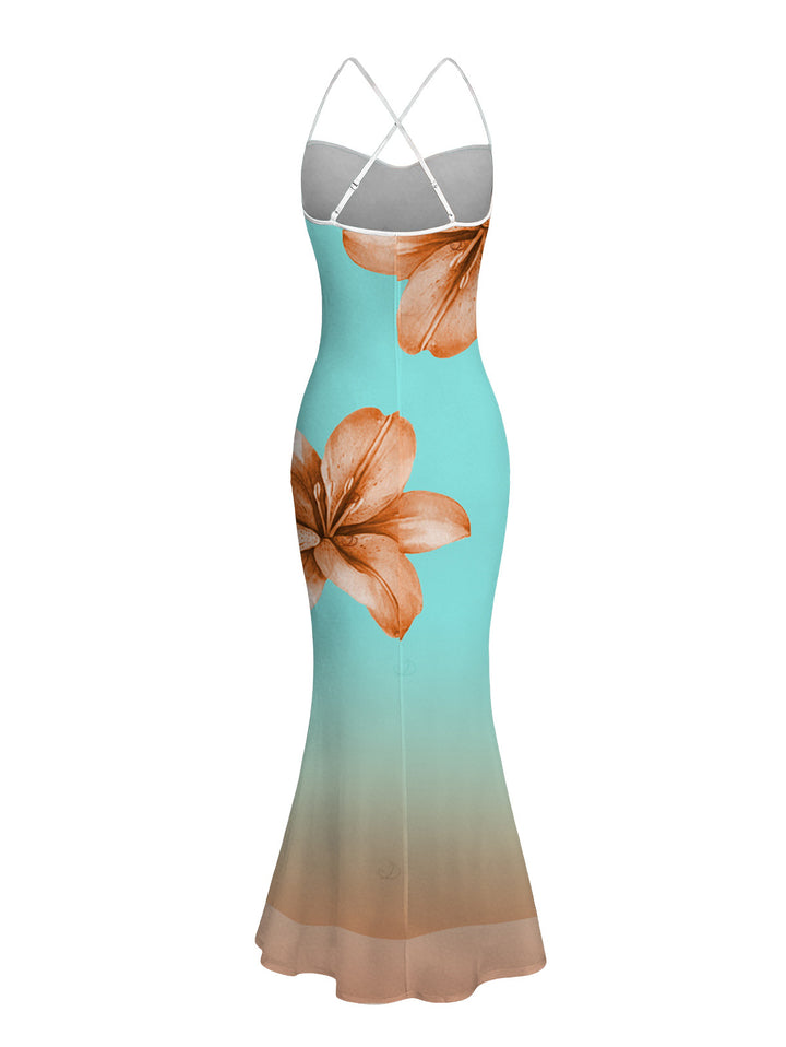 Lily Floral Print Ombre Crisscross Mesh Bodycon Mermaid Maxi Vacation Dress