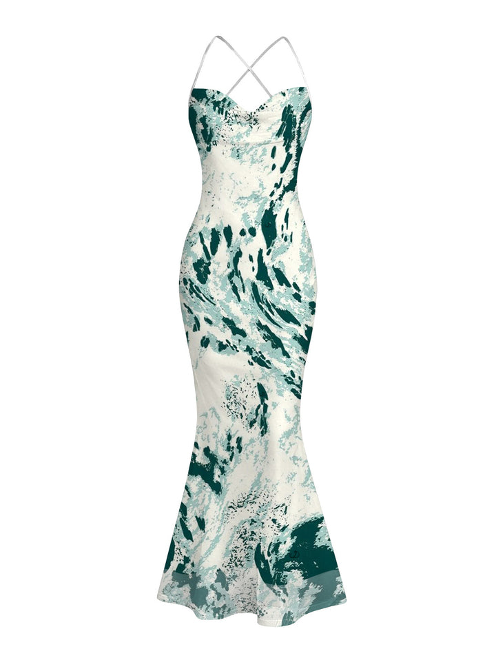 Abstract Ink Painting Print Crisscross Mesh Bodycon Mermaid Maxi Vacation Dress