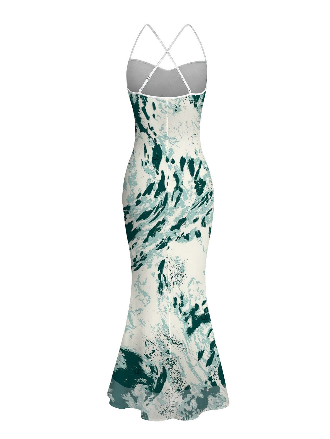 Abstract Ink Painting Print Crisscross Mesh Bodycon Mermaid Maxi Vacation Dress