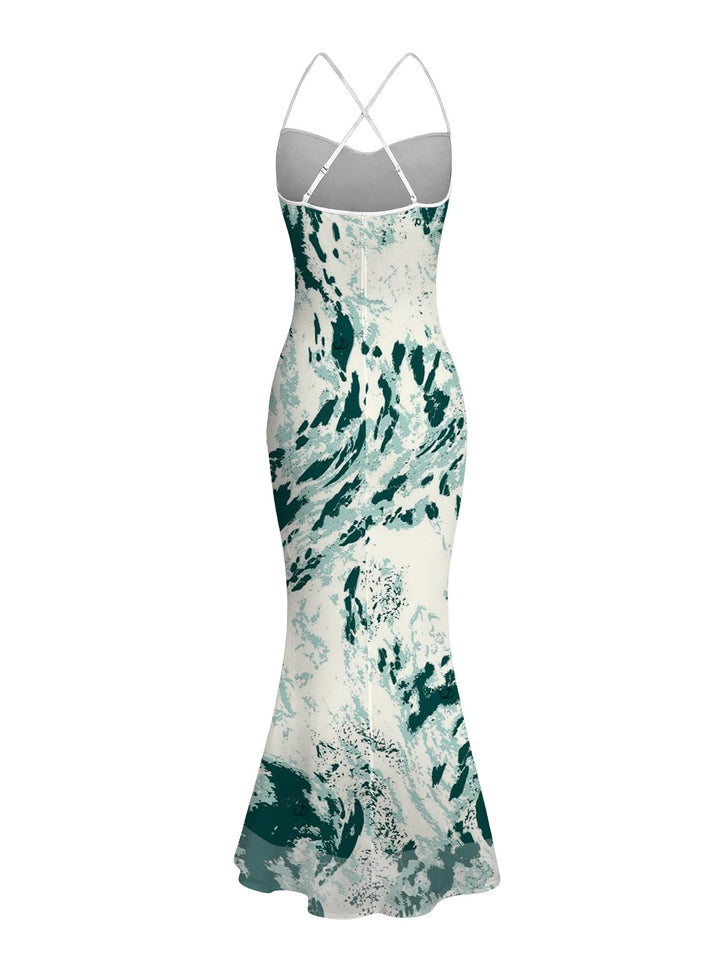 Abstract Ink Painting Print Crisscross Mesh Bodycon Mermaid Maxi Vacation Dress